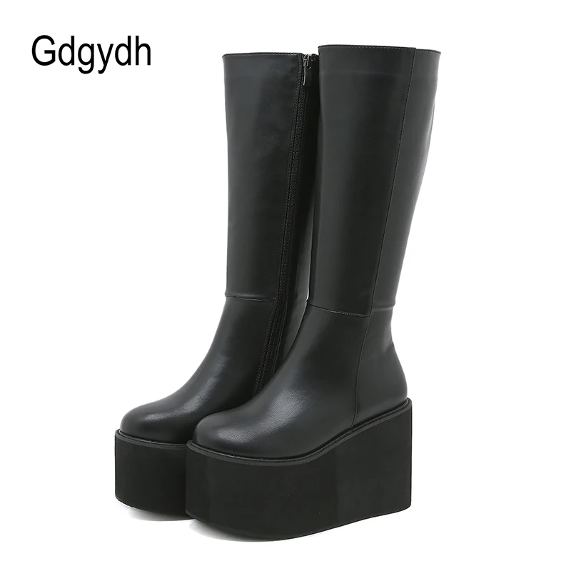 Gdgydh Matte Black Knee High Boots Women Platform Wedges High Heels Thick Bottom Ladies INS Hot Winter Fashion Elegant Drop Ship