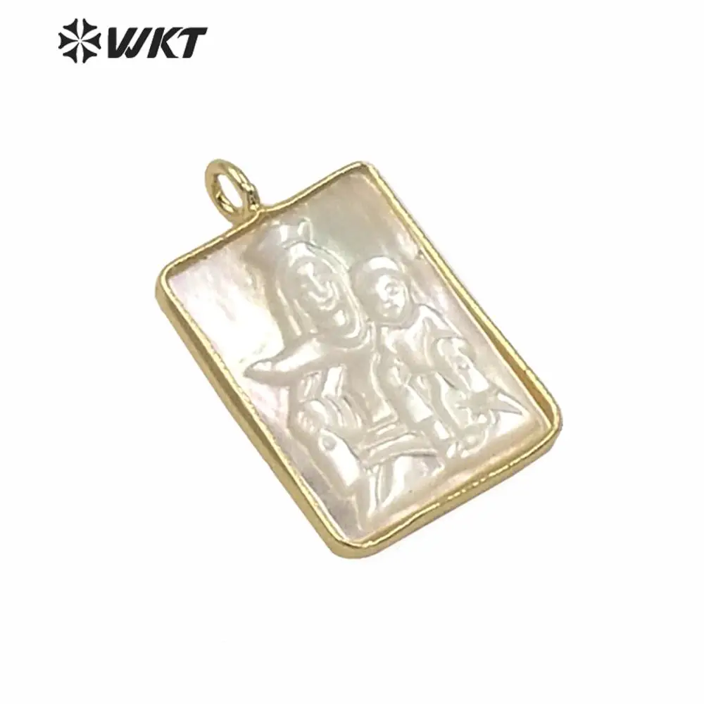 WT-JP234 Amazing Rectangle Gold Color Bezel Medal Mother Of God Pendant Shinning Mop Shell Virgin Mary Jewelry Pendant