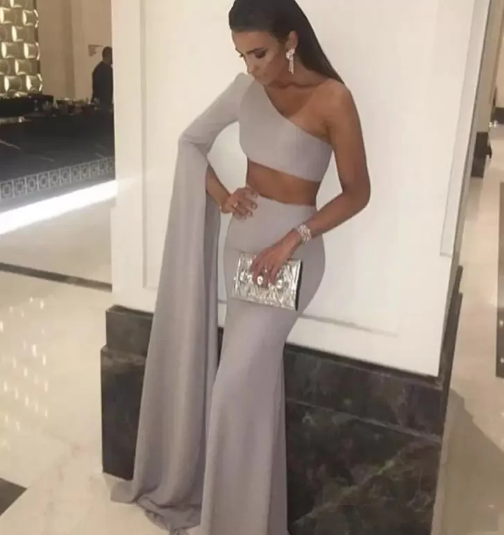 Bạc Hai Mảnh Nàng Tiên Cá Quần Sịp Đùi Thông Hơi 2022 Sexy Một Dài Vai Chính Thức Dạ Hội Vestidos Fiesta Áo Dây De Soiree