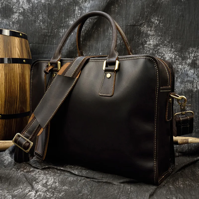 Newsbirds Mens Leather Handbag 15.6 Inch PC Notebook Laptop Briefcase Shoulder Bag 100% Cowhide Man Bag Male Business Bag