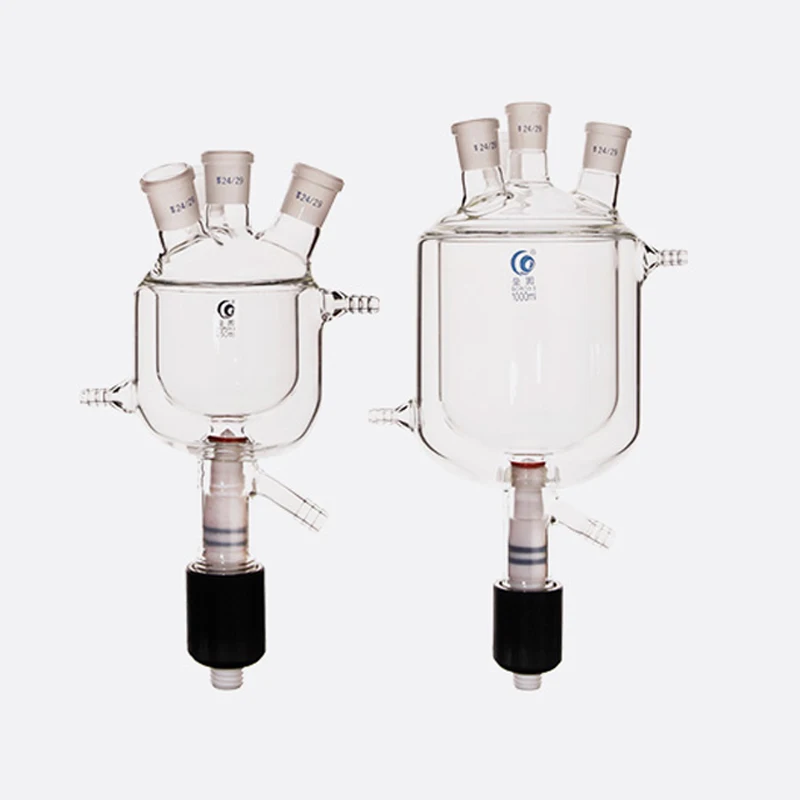 Four Mouth Jacketed Reaction Bottle with PTFE Plunger Valve Reaction Kettle with Discharge Double-layer Reactor Flask