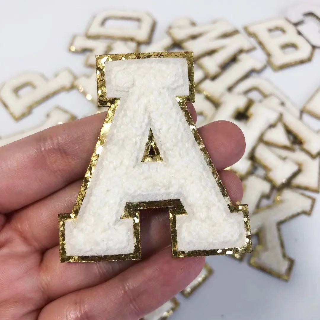 White Chenille Embroidered Letters Stick On Patch Applique For Clothing Bags Diy Name Badge Alphabet Patches Accessories 5.5CM