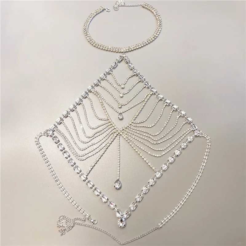 2022 New Women\'s Body Jewelry Sexy Bikini Lingerie Rhinestone Big Heart Bra Ladies Camisole Body Chain Harness Accessories