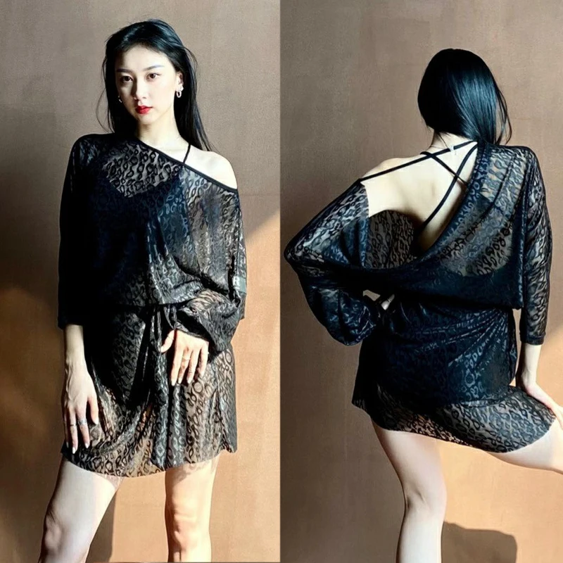 

Leopard Net Yarn Ballroom Dance Dress Women Sexy Backless latin Dress Practice Clothes Latin Performance Wear SL5878