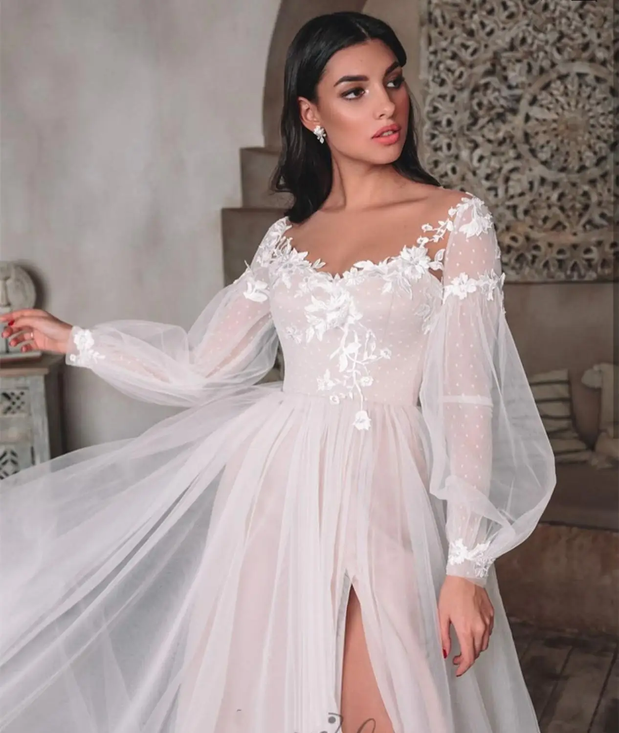 LSYX-vestido de novia de manga larga con corte en A, vestido de novia Sexy elegante, largo hasta el suelo, Espalda descubierta, abertura lateral, apliques de encaje