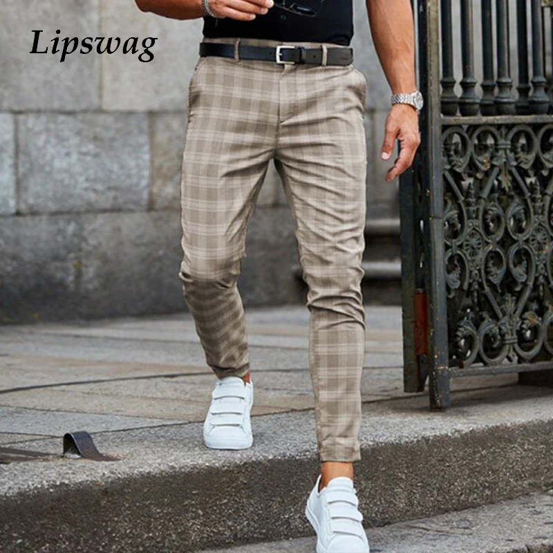 2021 Spring Fashion Plaid Printed Pencil Pants For Mens Vintage Mid Waist Button Trouser Male Summer Casual Long Pant Streetwear