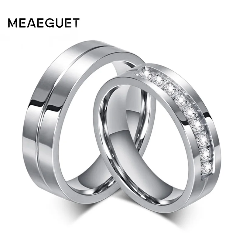 Meaeguet Classic Silver Color Lover\'s Wedding Rings 316L Stainless Steel CZ Ring Jewelry Engagement Wedding Bands