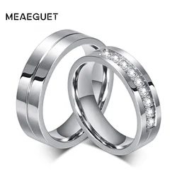 Meaeguet Classic Silver Color Lover's Wedding Rings 316L Stainless Steel CZ Ring Jewelry Engagement Wedding Bands