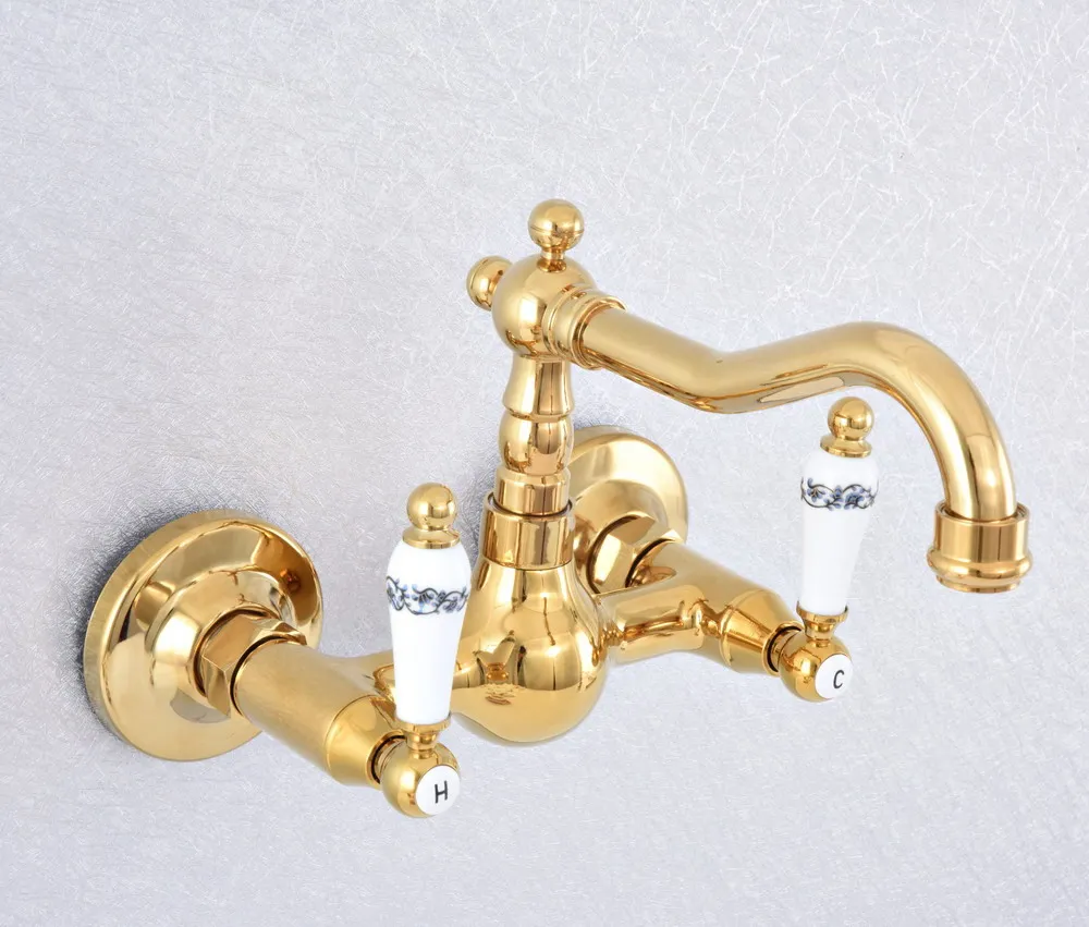 Gold Color Brass Bathroom Basin Swivel Spout Faucet Wall Mounted Dual Ceramic Handles Vessel Sink Mixer Taps zsf613