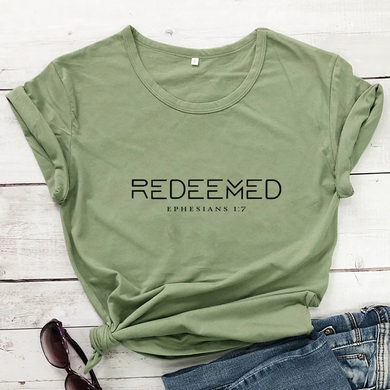 Redeemed Ephesians 1:7 T-shirt Women Catholic Christian Bible Verse Top Tee Casual Unisex Religion Jesus Faith Tshirt