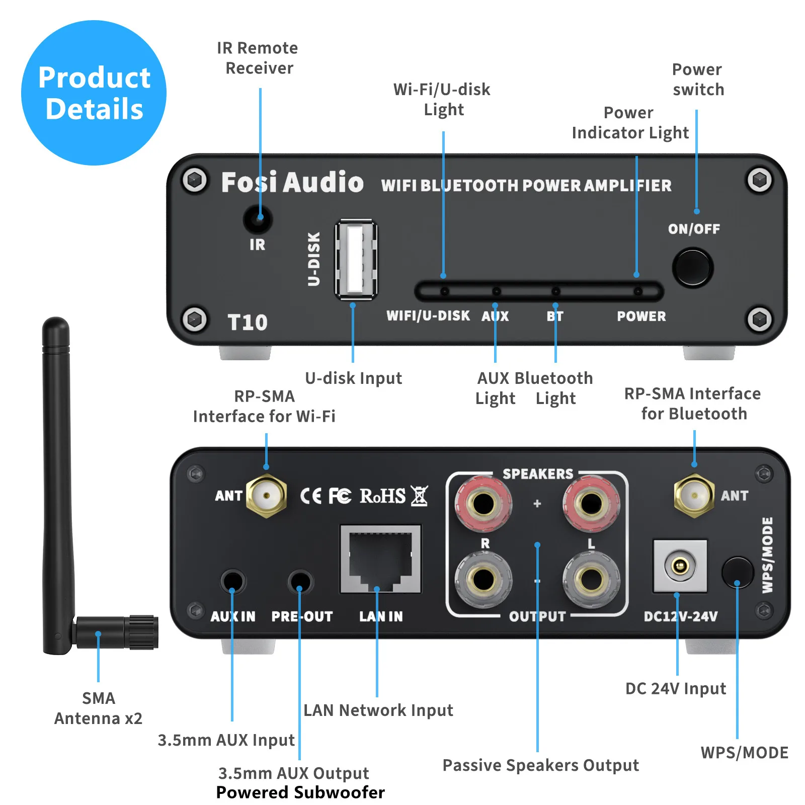 Fosi Audio T10 Stereo Sound Amp 100W Audio Wifi Bluetooth Power Amplifier With Wi-Fi 2.4G U-disk APP Remote Control