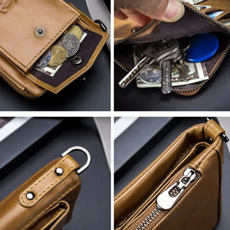 BULLCAPTAIN Leather Men\'s Wallet Double Coin Purse Small Mini Card Holder Pocket Business Wallet QB 057