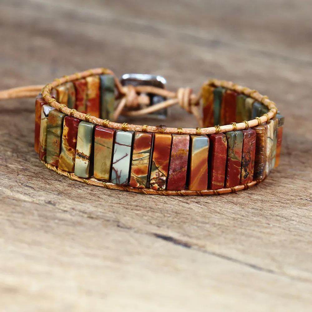 Women Men Tube Shape Picasso Stone Leather Boho Bracelet Natural Stones Charm Strands Wrap Bracelets Handmade Jewelry