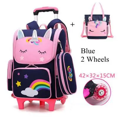 Conjunto de bolsa escolar com rodas, 6 rodas, escola primária, desenho animado, mochila fofa 3 em 1, bolsa escolar infantil, 2 rodas, carrinho, bagagem, mochilas escolares