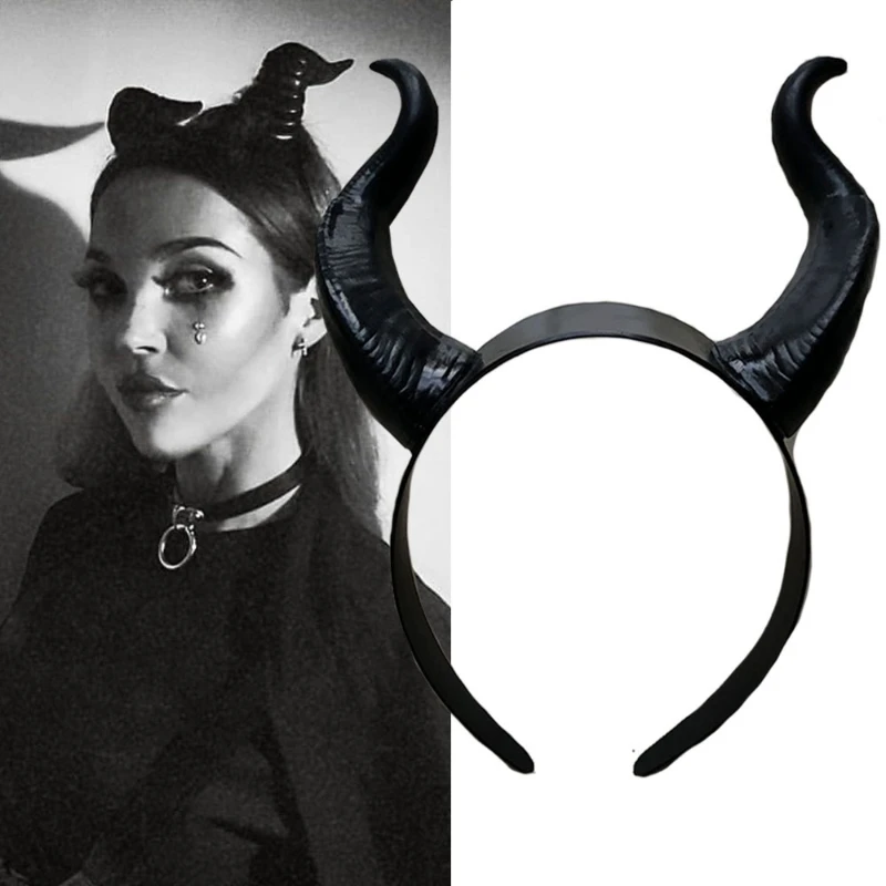 Halloween Witch Black Long Ox Horn Headband Evil Queen Cosplay Glitter Hair Hoop 