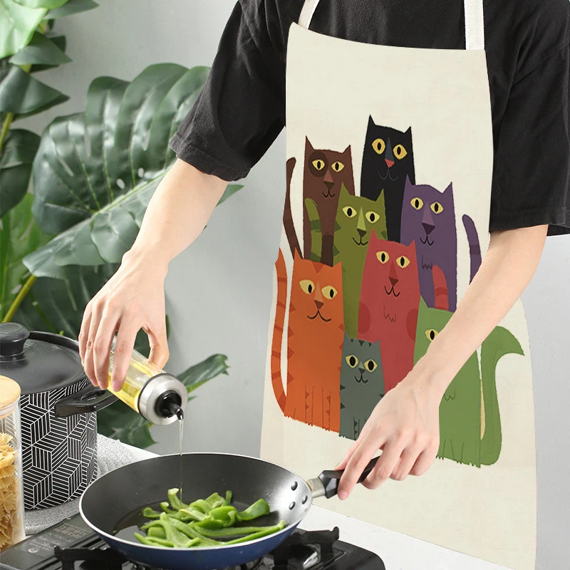 Cartoon Cute Cat Black Printed Sleeveless Apron Kitchen Pinafore Women\'S Home Cooking Baking Waist Bib Antifouling Anti-Greasy