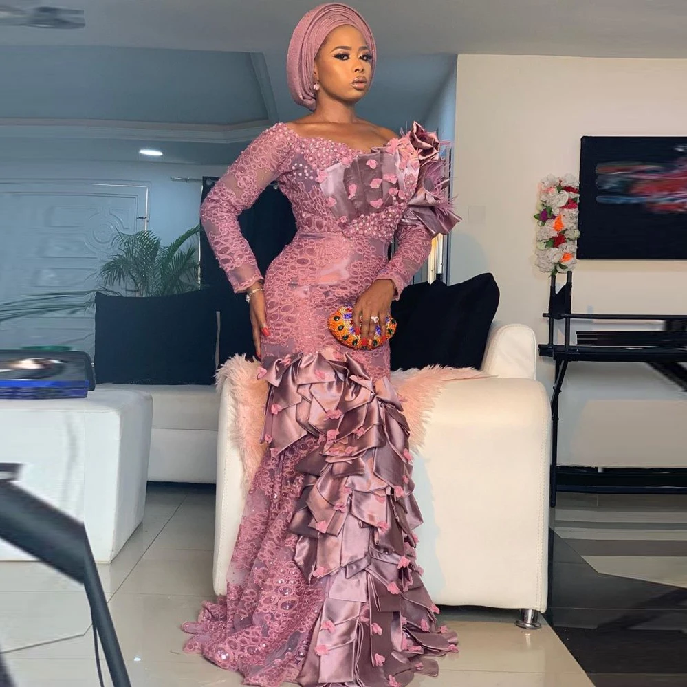 Aso Ebi فساتين سهرة حورية البحر بأكمام طويلة متدرجة ثنيات دانتيل مطرز بالترتر مقاس كبير فستان حفلة موسيقية Aso Ebi رداء حفلات فساتين ال