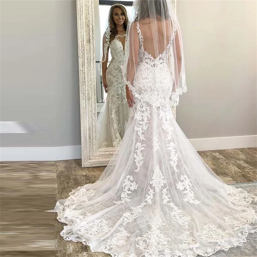 جديد دانتيل زينة حورية البحر فساتين زفاف 2020 بدون أكمام أبيض عاجي Vestido De Novia ذيل محكمة بدون ظهر فساتين الزفاف