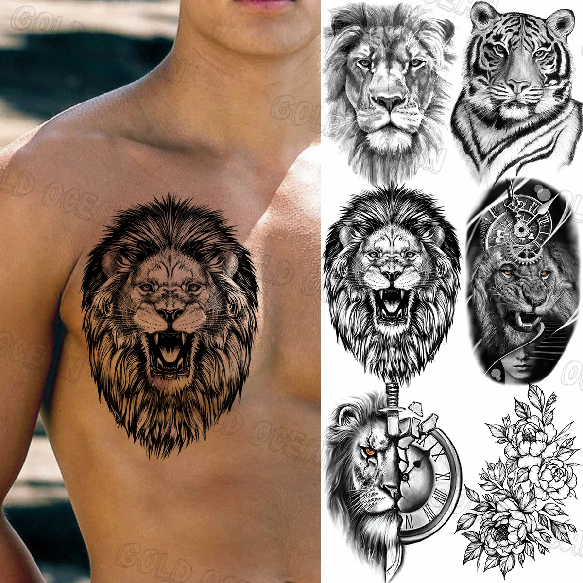 

Tribal Military Lion Temporary Tattoos For Men Women Adults Tiger Compass Flower Tiger Fake Tattoo Sticker Chest Tatoos Thigh