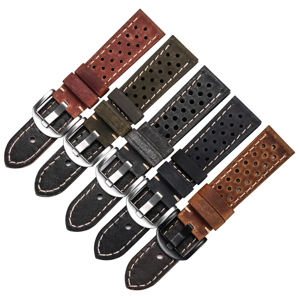 Porous Leather Strap For Watch Wrist Band Belt Breathable Genuine Leather Watch Bands Bracelet 20mm 22mm 23mm Vintage Green Gray