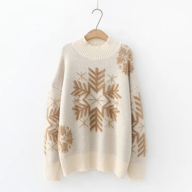 

Semi-high Collar Sweater Women Loose Long Sleeve Autumn Winter Pullovers Female Christmas Snowflake Retro Student Tops H9447