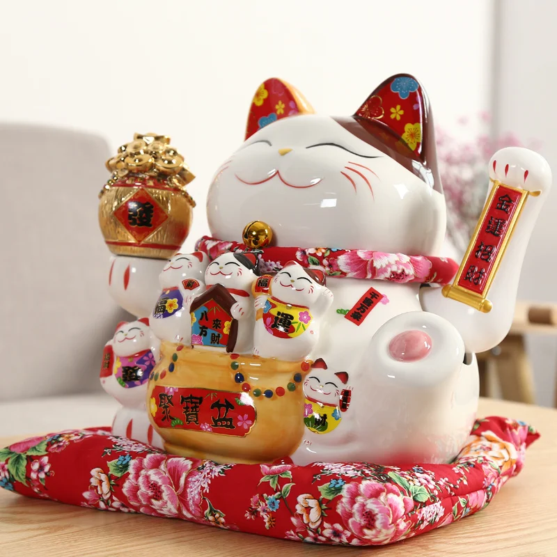 

10 Inch Lucky Cat Furnishing Cat Piggy Bank Maneki Neko Electric Wave Rich Cat Shop Gift Piggy Bank Chinese Good Fortune