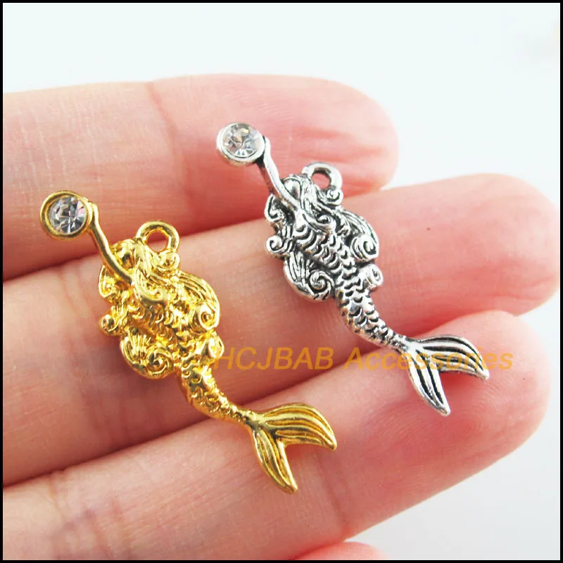 10Pcs Retro Gold Tibetan Silver Tone Mermaid Clear Crystal Charms Pendants 10.5x32mm