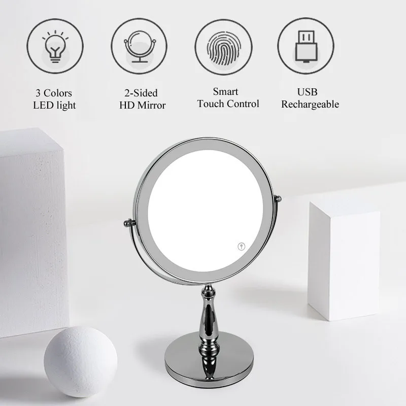 8Inch Double Sided Vanity Makeup LED Mirror 3X/5X Magnification,USB Rechargeable, 3Color Touch Control, Tabletop Cosmetic Mirror