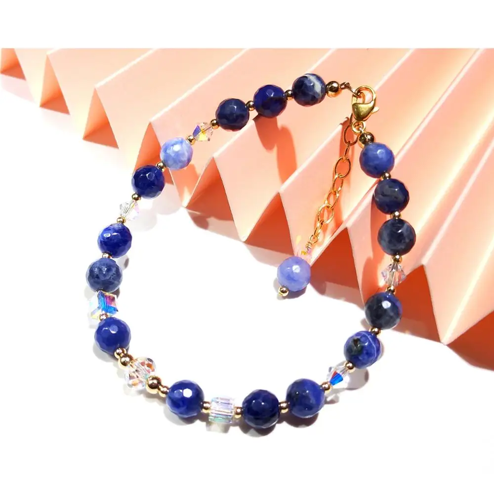 Lii Ji Natural Stone Green Jade Red Jasper Blue Sodalite 6mm Beads Austrian Crystal14K Gold Filled Beaded Bracelet 18+3cm