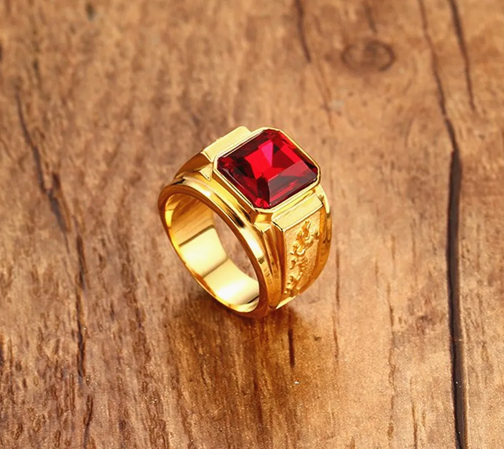 Sapphire ruby gemstones blue red zircon diamonds rings for men 18k gold tone stainless steel dragon jewelry bijoux fashion gift
