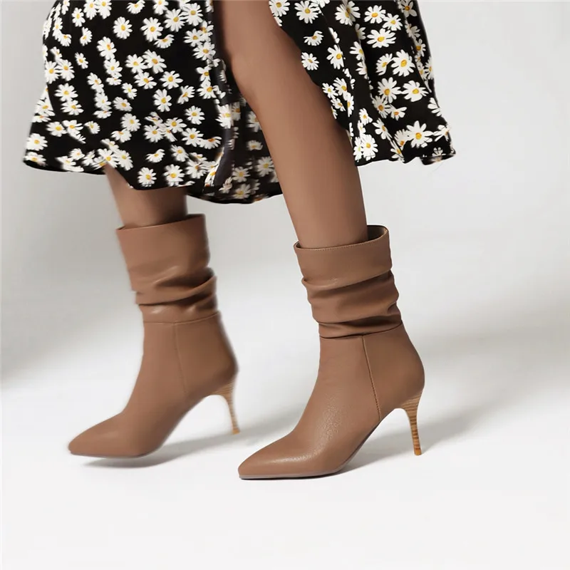 MORAZORA-Botas de tacón alto de aguja para mujer, zapatos plisados de punta estrecha, botines de color sólido, otoño e invierno, 2022