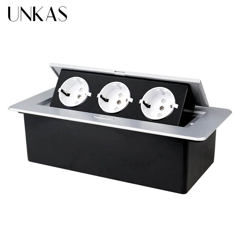 UNKAS Zinc Alloy Plate Slow POP UP 3 Power EU White Socket Office Meeting Room Hotel Table Desktop Outlet Silver Cover