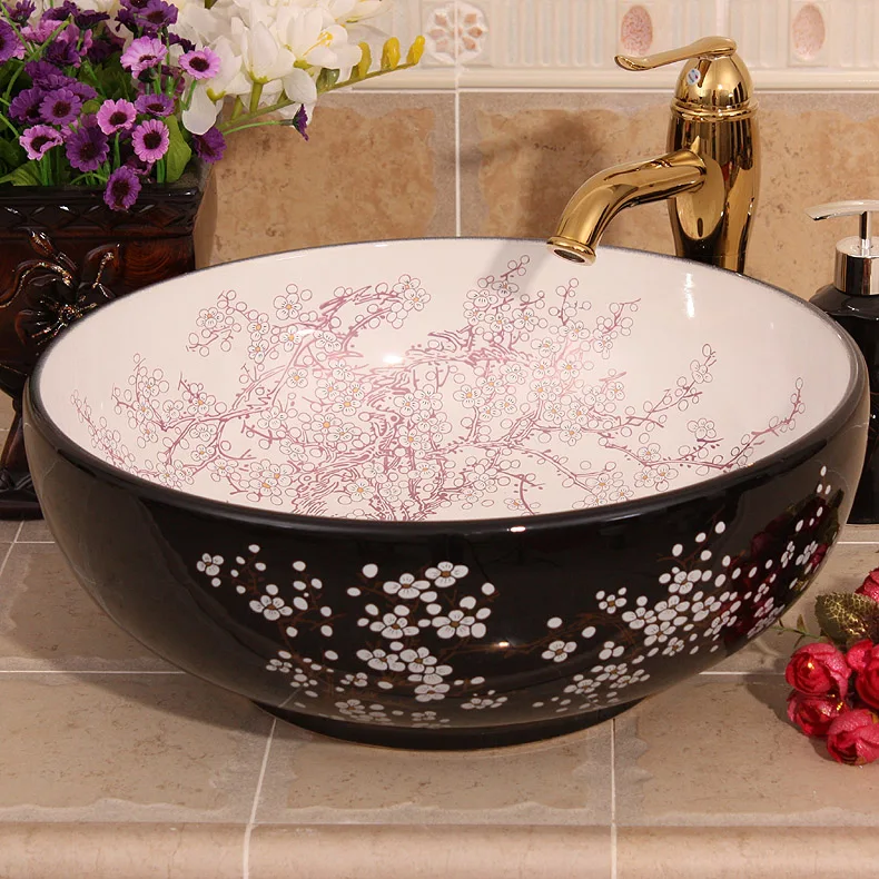 Round Europe style chinese wash basin Jingdezhen Art Counter Top ceramic wash basin decoration bathroom sinks