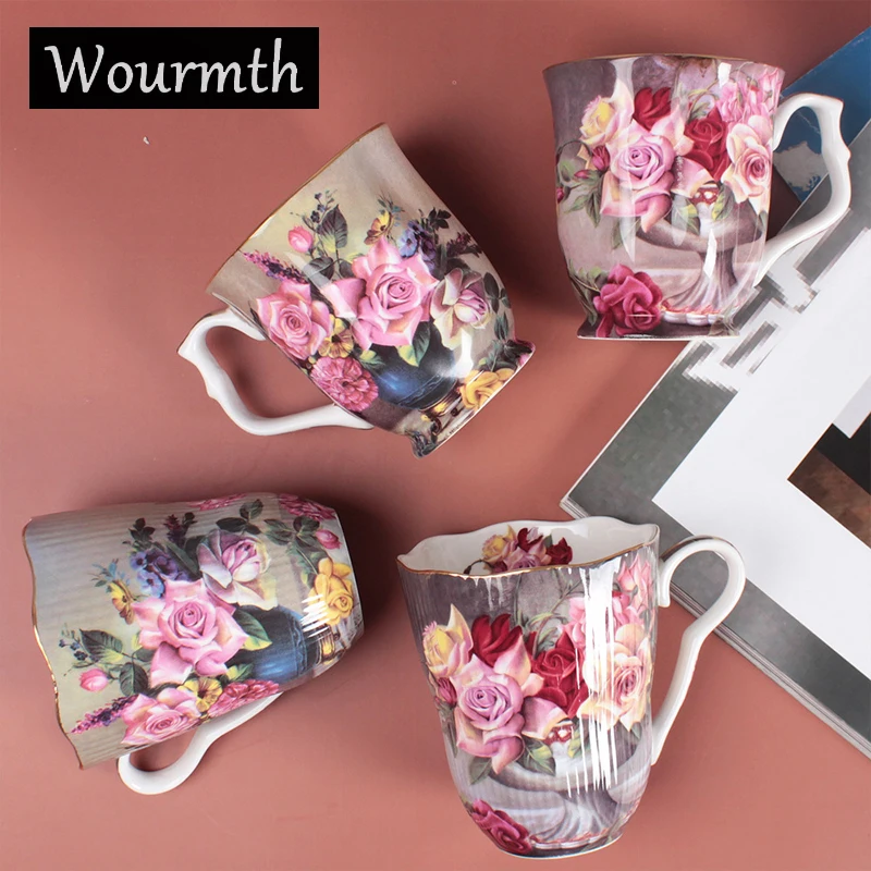 Wourth-High Bone Porcelain Cups with Gold Rim, Elegant Coffee Mugs, European Milk Tea Cups, High Quality Ceramic Drinkware,260ml