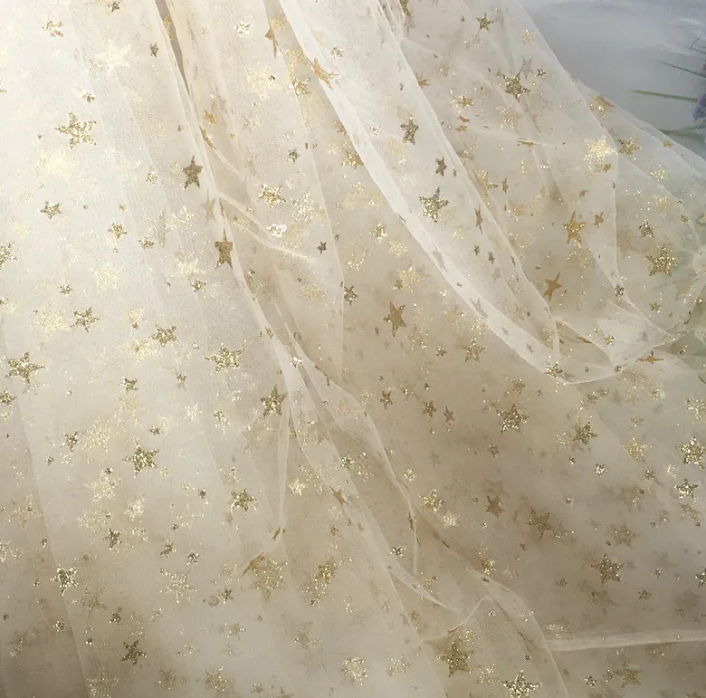 150cm wide golden/silver shiny stars tulle fabirc mesh lace fabric wedding dress stage clothes decoration fabric SC577