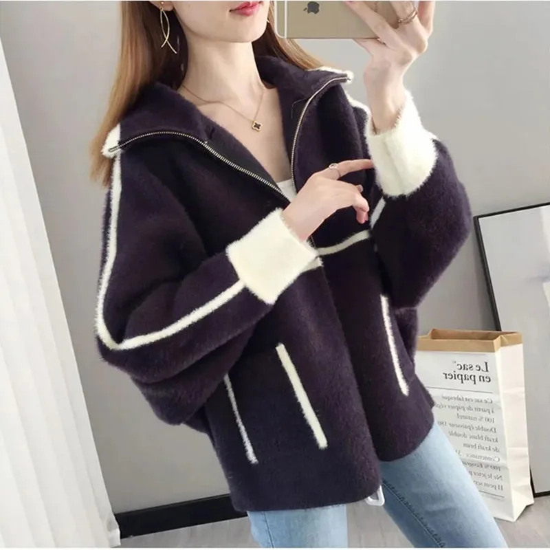 2022 Autumn Winter New Women\'s Short Coat Mink fleece Sweater Cardigan Women Korean Zipper Knitted Jacket Overcoat Abrigo Mujer