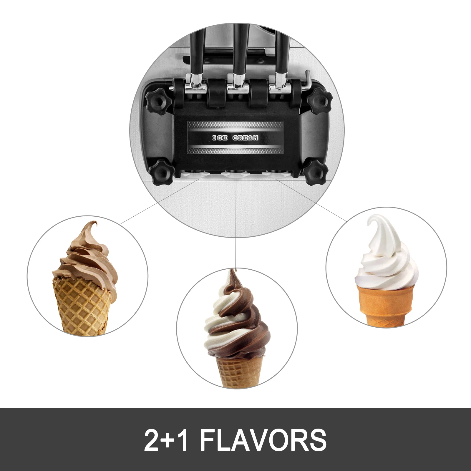 VEVOR 20-28L/H Soft Ice Cream Maker Commercial Countertop Tricolor 2+1 Flavors Sweet Cones Freezing Equipment Vending Machine