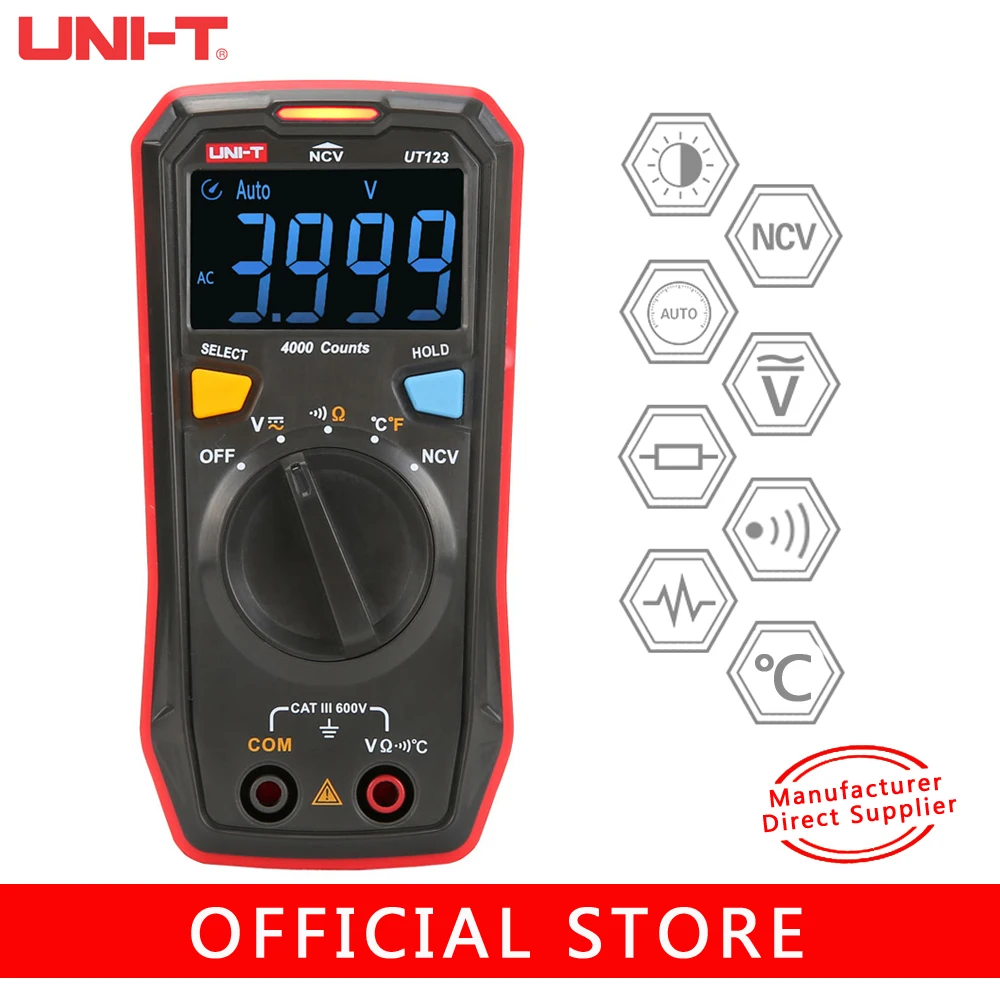 

UNI-T UT123 MINI Digital Multimeter EBTN Color Display AC/DC Voltmeter Resistance Frequency Temperature Voltmeter NVC Tester