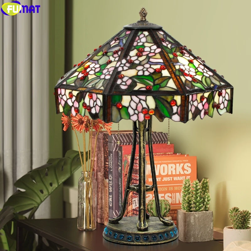 

FUMAT Stained Glass Blue Orchid Red Cherry Tiffany Styel Lampshade Table Lamp Alloy Tree Jade Frame Home Decortive Table Lights