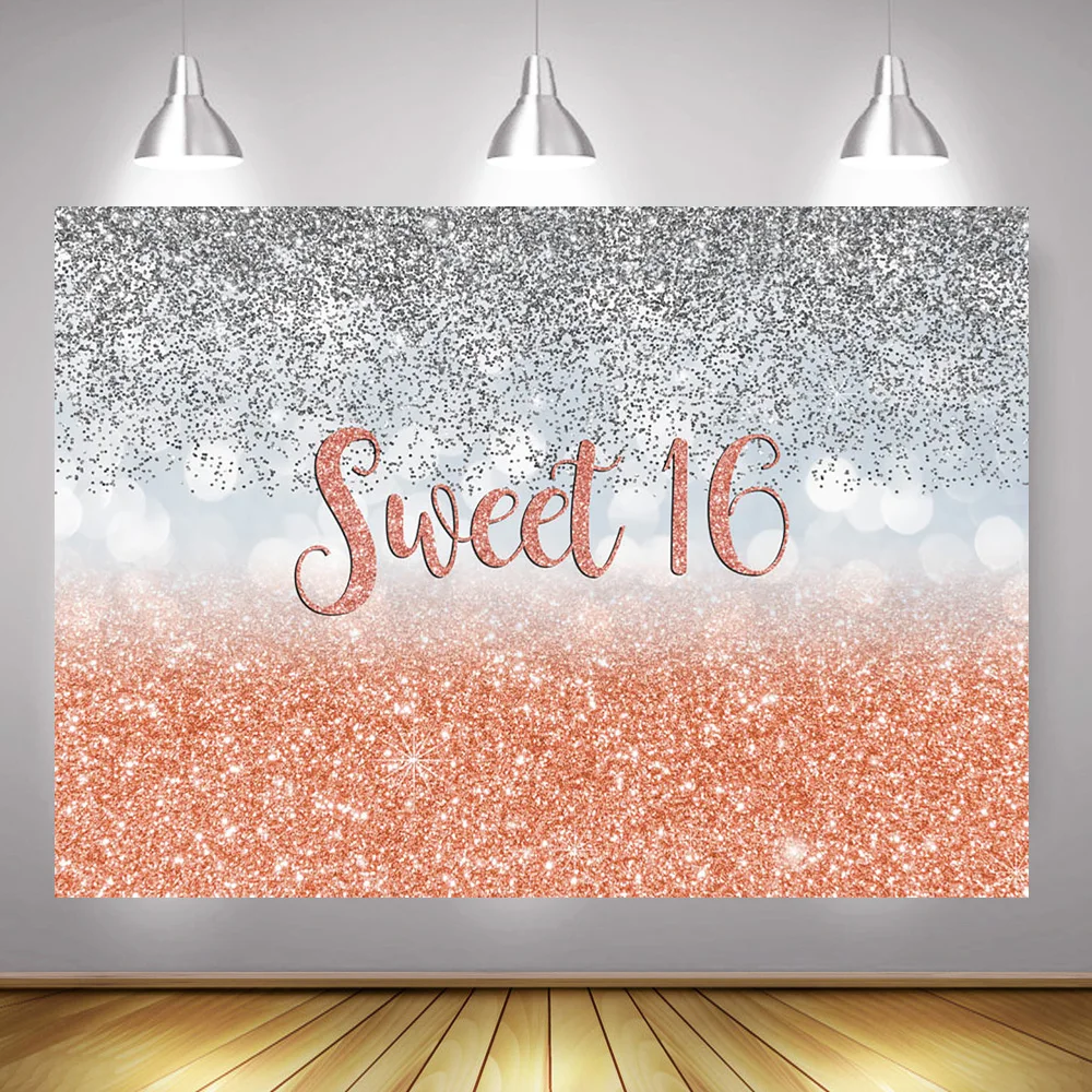 Bokeh Sweet 16 Birthday Backdrop Photography Shiny Sliver Glitter Blue Rose Gold Kids Sixteen Birthday Party Background Decor