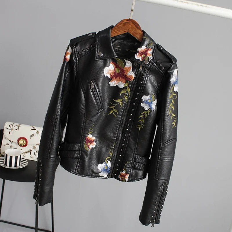 Women Print Embroidery Faux Soft Pu Leather Jacket Coat Turn-down Collar Casual Motorcycle Black Punk Outerwear