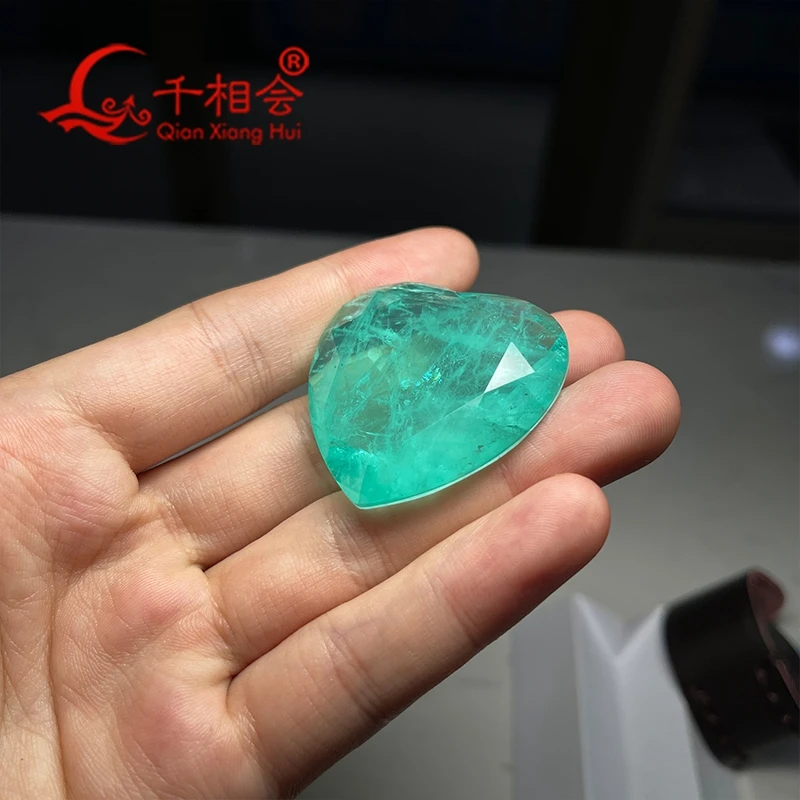 Natural white Crystal inclusions Heart Shape Stone 40x40mm with Added Glass Green Color Loose Paraiba Inspired Jewelry Gemstone