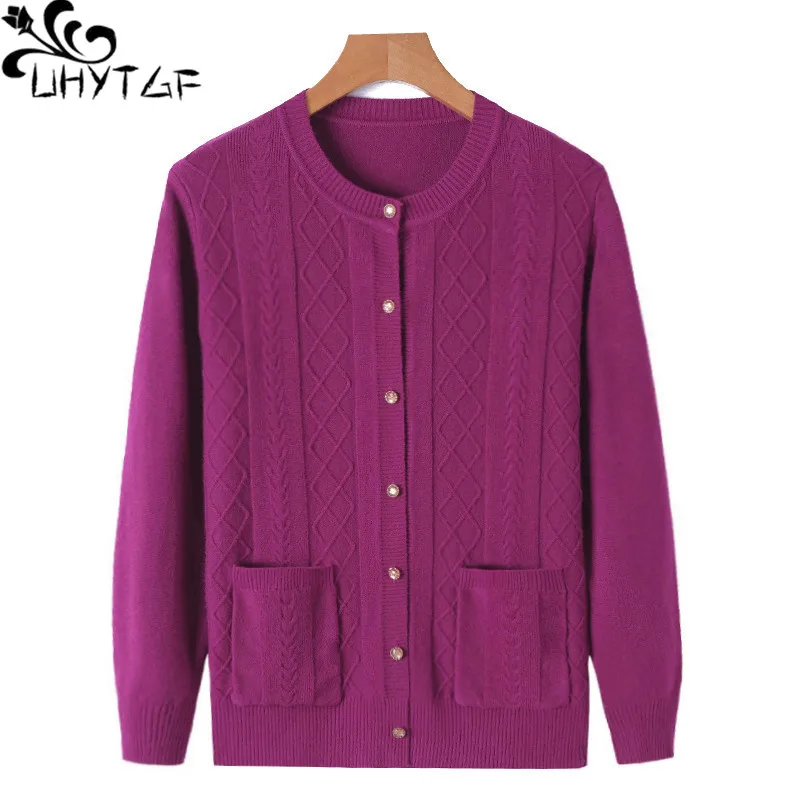 UHYTGF Sweater Women Elegant Mother Knitted Spring Autumn Tops Jacket Long Sleeves Cardigan Female Casual Big Size Clothes 1843