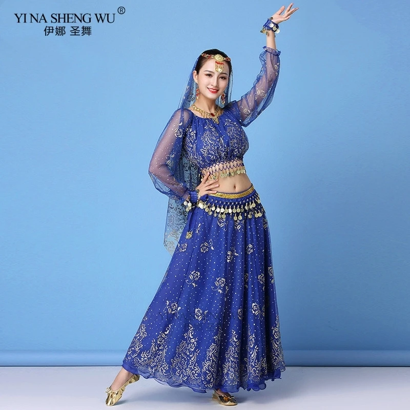 Adult Bollywood Dress Costume Women Indian Dance Sari Belly Dance Outfit Performance Clothes Chiffon Long Sleeve Top Belt Skirt