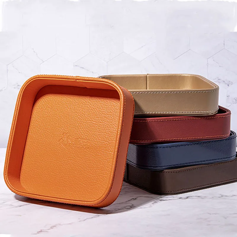 PU Leather Storage Box Cosmetic Tray Jewelry Display Plate Luxury Home Living Room Desktop Watch Cell Phone Sundries Decor Tray