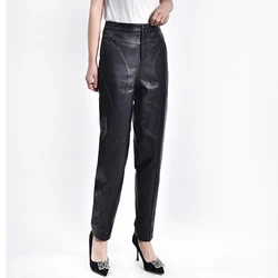 Women's Loose Black Sheepskin Pants, Large Size, High Waist Leather Trousers, Haren Pants, M, 5XL, Autumn, Winter