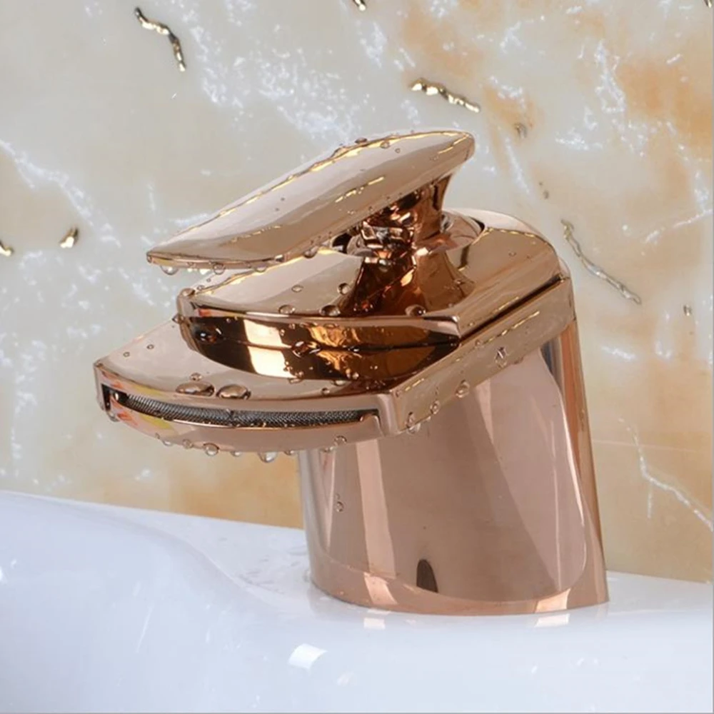 

Rose Gold Waterfall Tap For Bathroom Basin White Gold Handle Solid Brass Hot And Cold Mixer Taps Deck Mounted Faucet