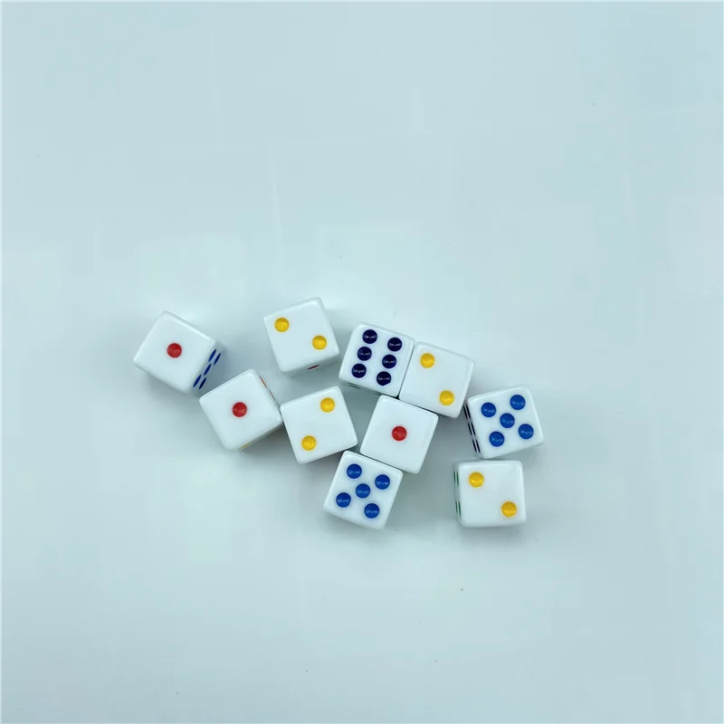 

16mm 10pcs White 6 Color Points Dice Set Right Angle Square Corner Acrylic Vertical Angle D6 RPG Dice Teaching Boardgame