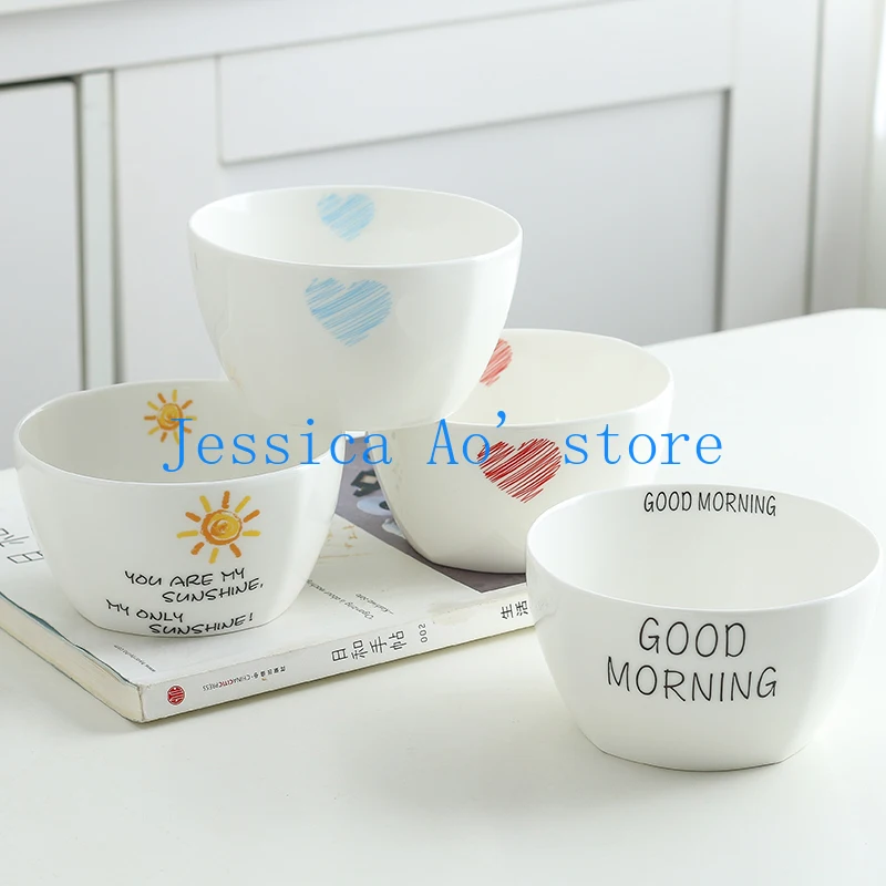 

4pcs Modern Kitchen Tableware Korean Rice Bowl Bone China Cute Bowl White Porcelain Ceramic Bowl Floral Ramen Noodle Bowl