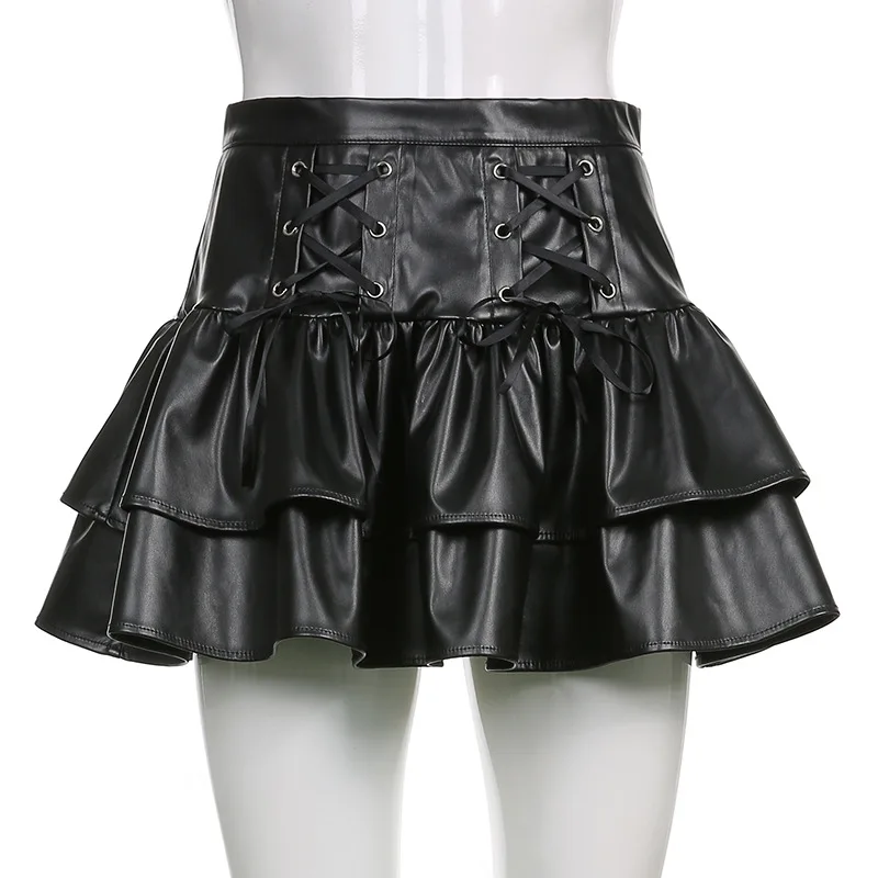 High Waist Bandage Black Pleated PU Leather Mini Skirts Mini Skirt Streetwear Girls Dark Academia Gothic Punk Style